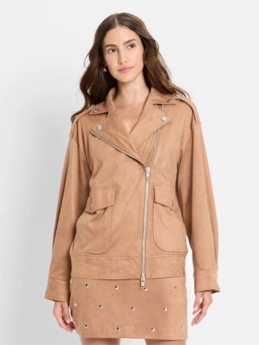 Future Collective Women’s Faux Suede Moto Jacket - Tan Size Medium NWT